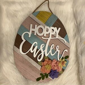 Hoppy Easter Egg Wooden Wall / Door Hanging Sign Decor with Flowers NEW